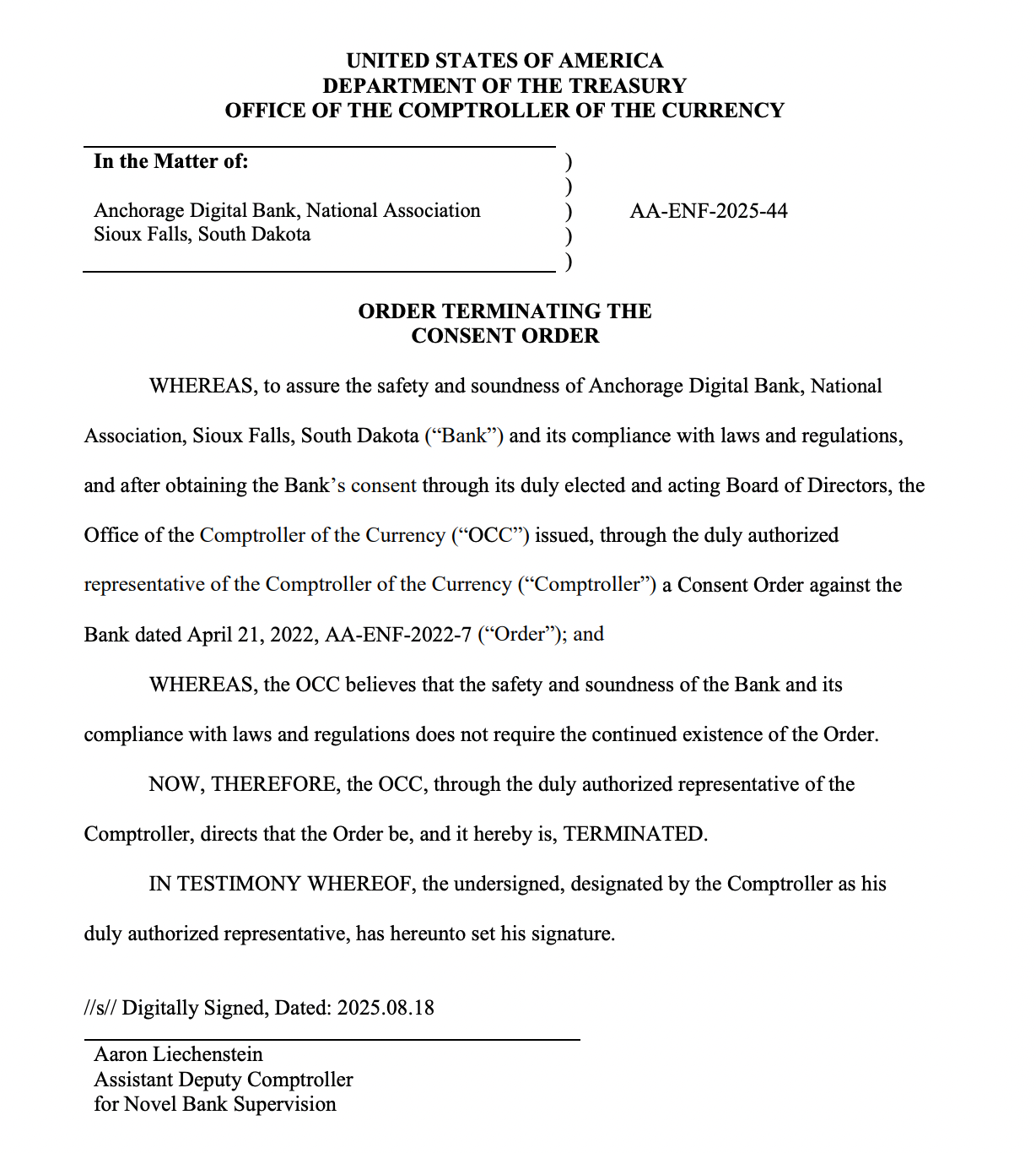 Order Terminating the Consent Order