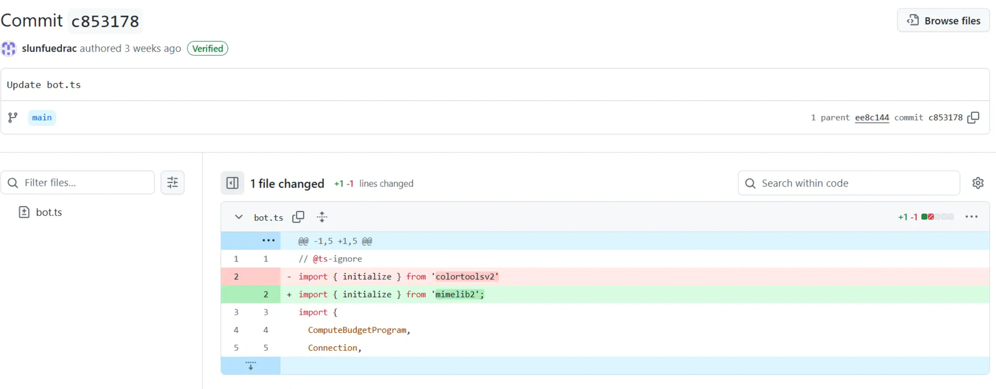 Figure 1: npm package colortoolsv2 being replaced with mimelib2.