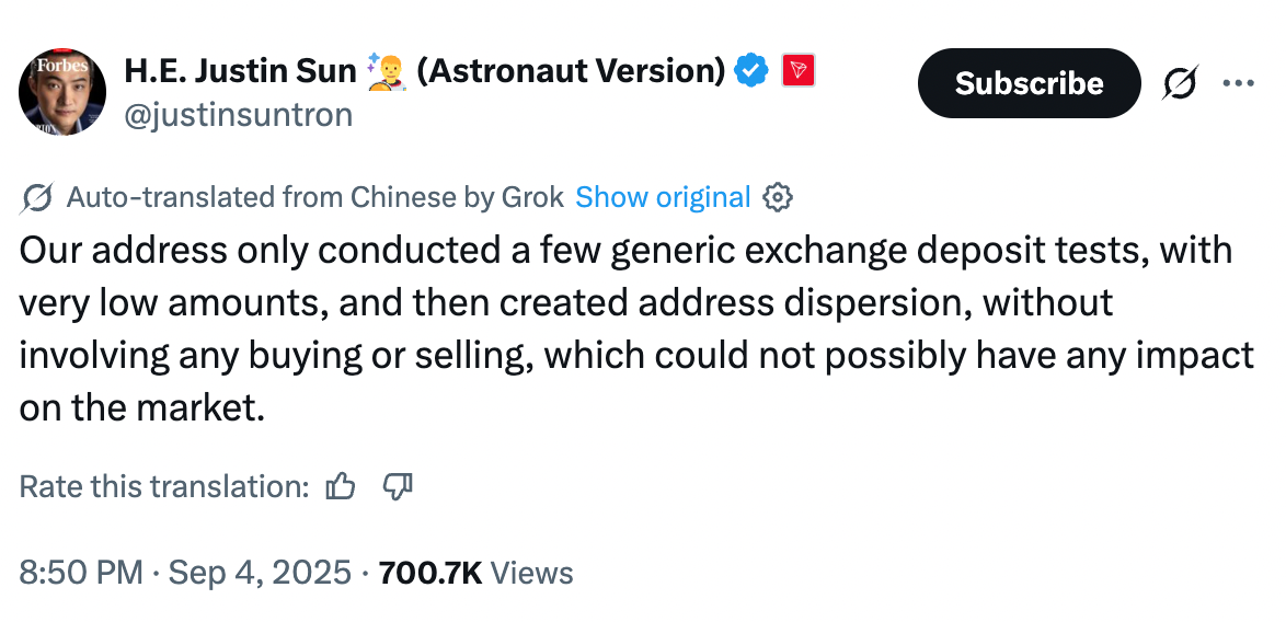 Justin Sun tweet