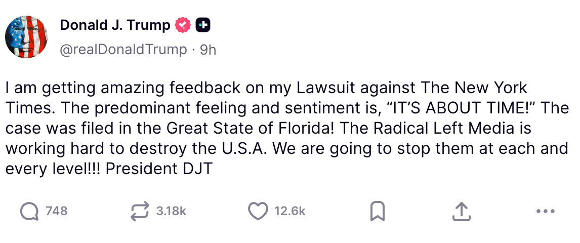 Donald Trump post about Lawsuit against NYT