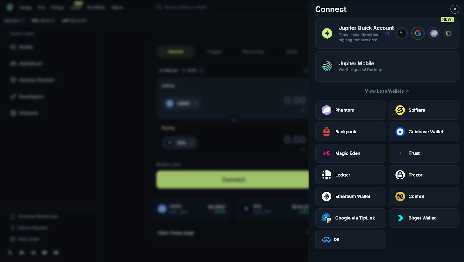 Supported wallet options on Jupiter’s Connect Wallet pop-up