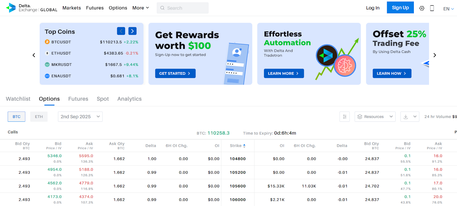 Desktop interface on Delta Exchange Global