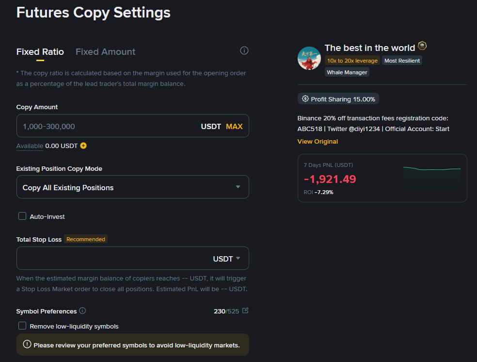 Future copy settings on Binance copy trading.