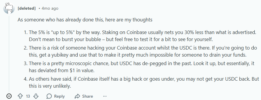 User reacting to the idea of staking 100,000 USDC at 5%. Source: Reddit 