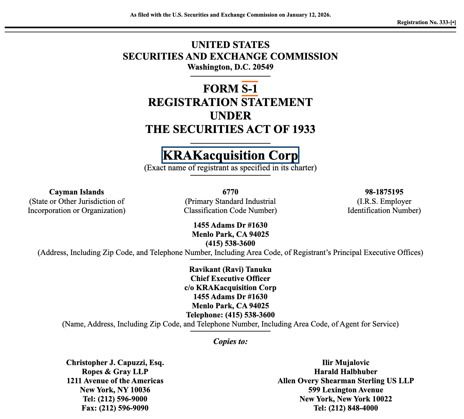 KRAKacquisition Corp Form S-1 filing. Source: Sec.gov