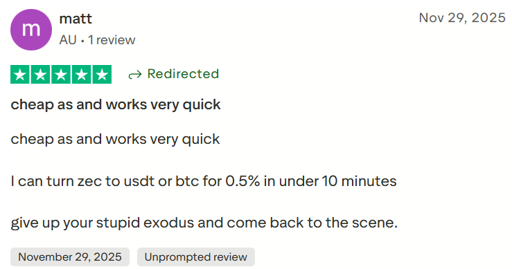 User review of FixedFloat. Source: Reddit
