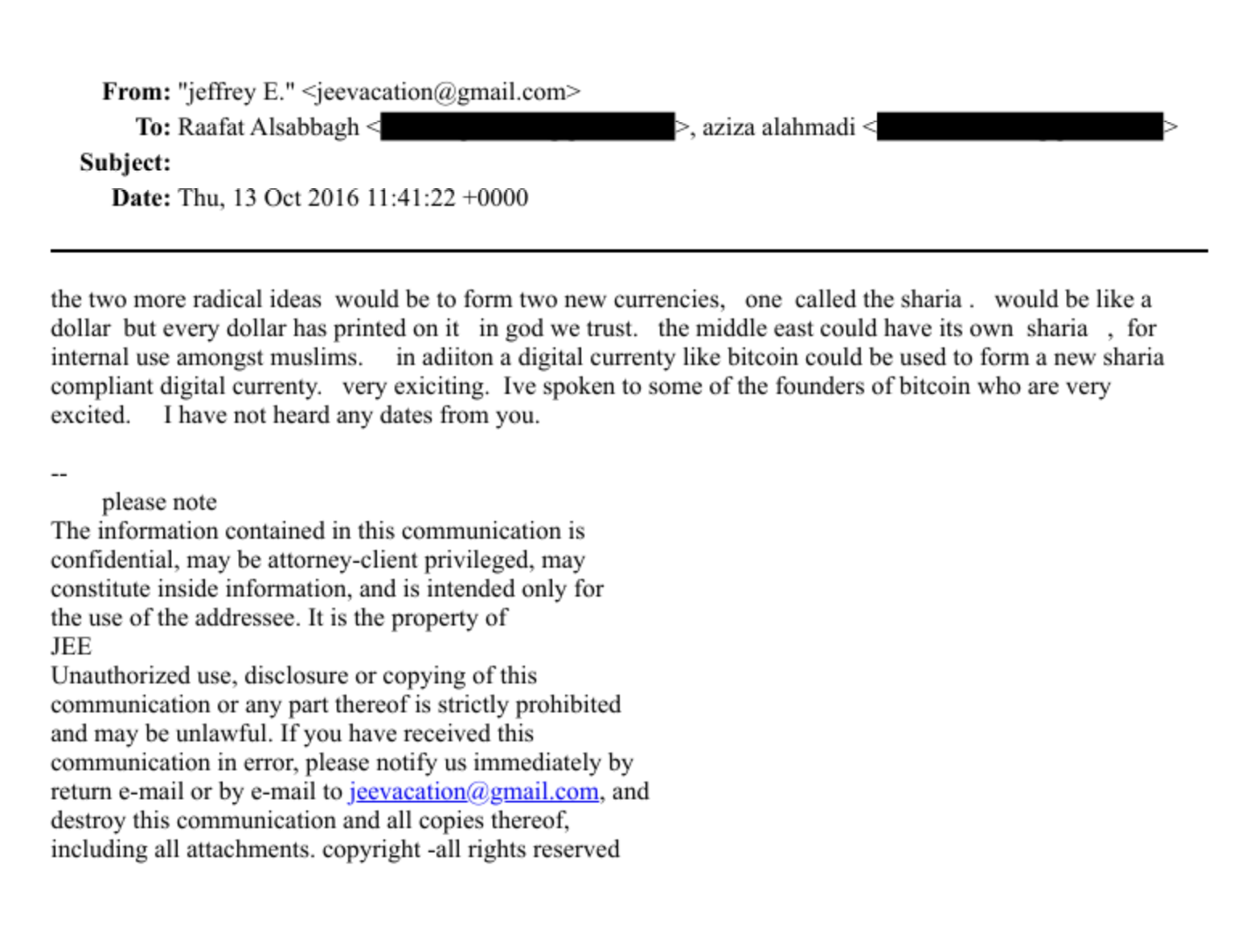 Epstein’s email to Raafat Abdulla Saad Al Sabbagh, Source: U.S. Department of Justice