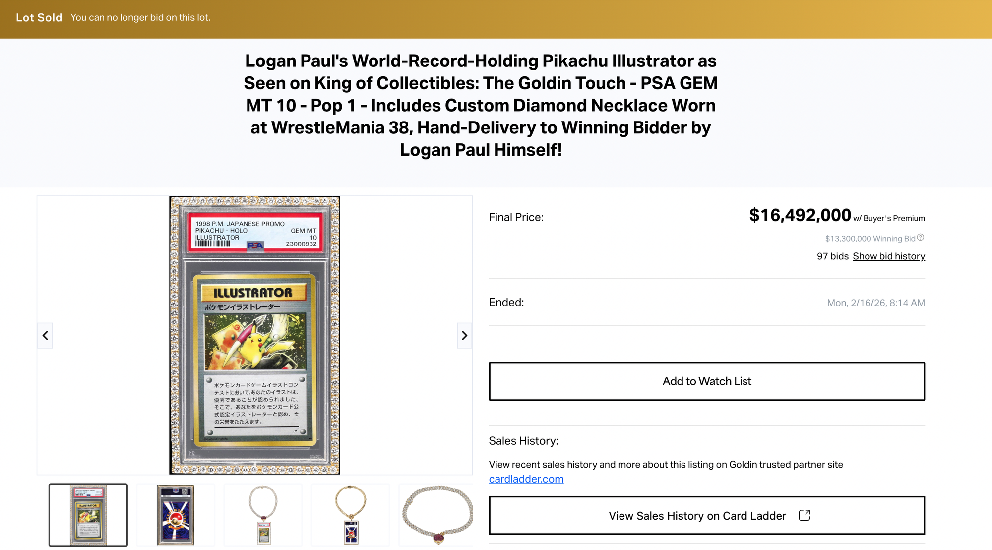 The Pikachu Illustrator trading card sold for $16,492,000 at auction. Source: Goldin