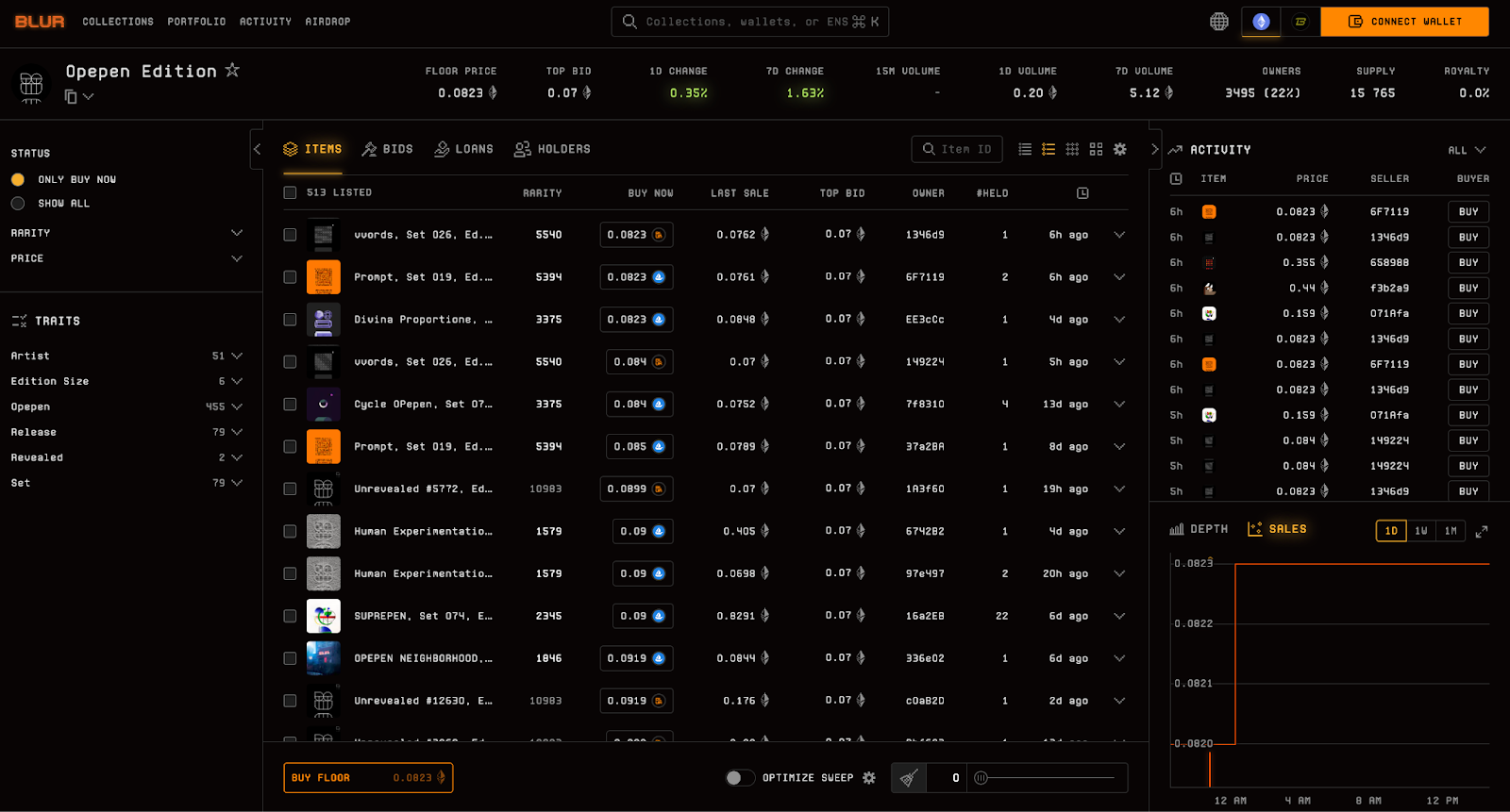 Blur's traders interface with collection details. Source: Blur