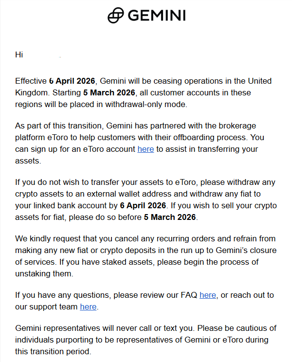 Gemini's email to customers