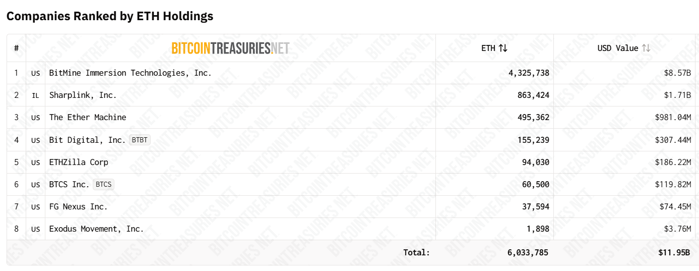 ETH treasury companies. Source: Bitcoin Treasuries