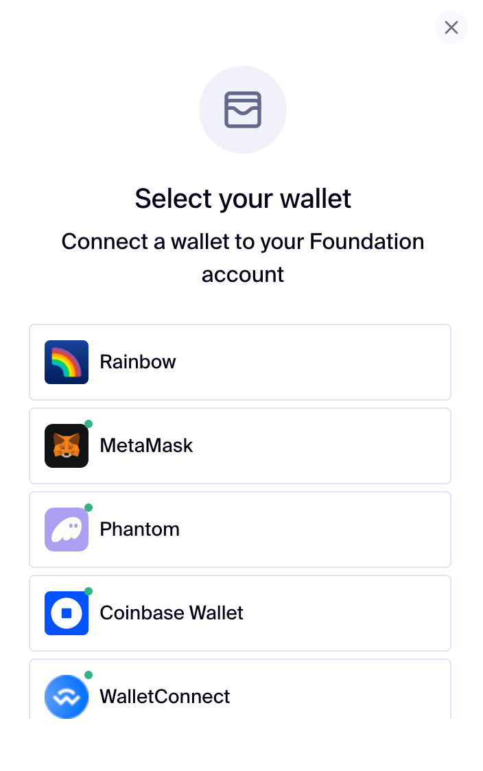 Available wallets for connecting to Foundation. 