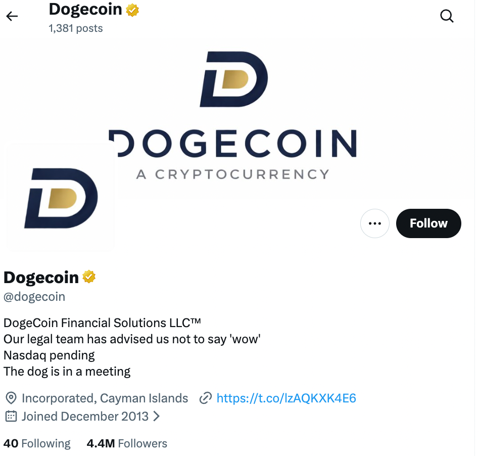 Dogecoin's updated X profile for April Fool's day