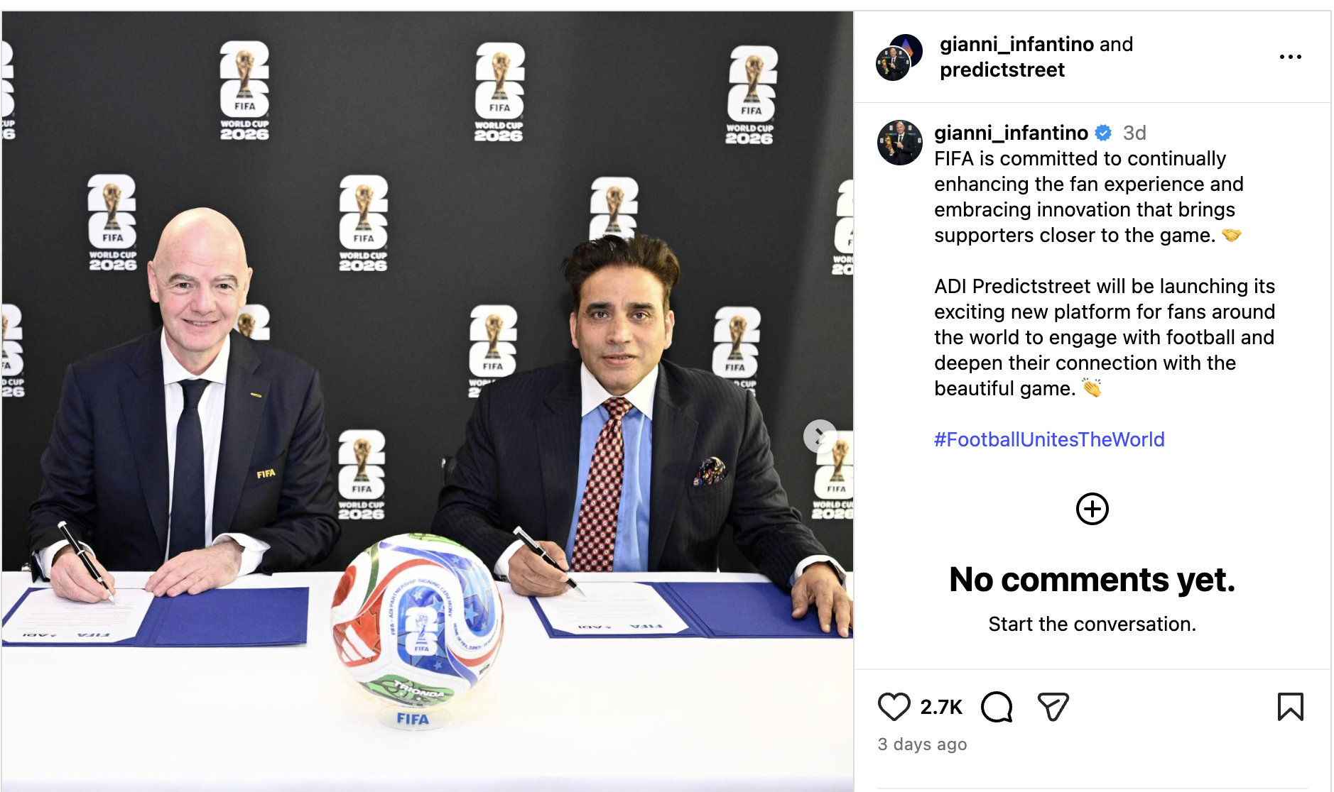 Source: InstagramFIFA President Gianni Infantino partnered with ADI Predictstreet. Source: Instagram