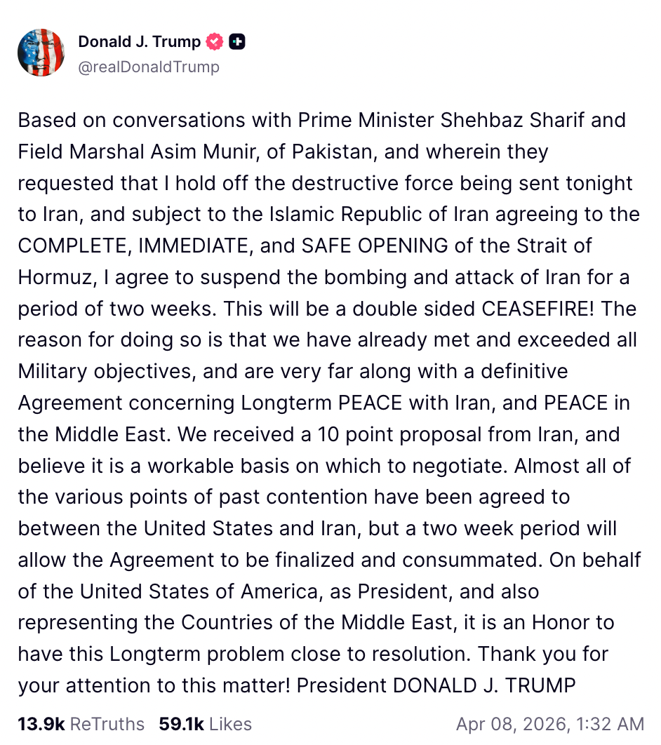 Trump's ceasefire announcement. Source: Truth Social