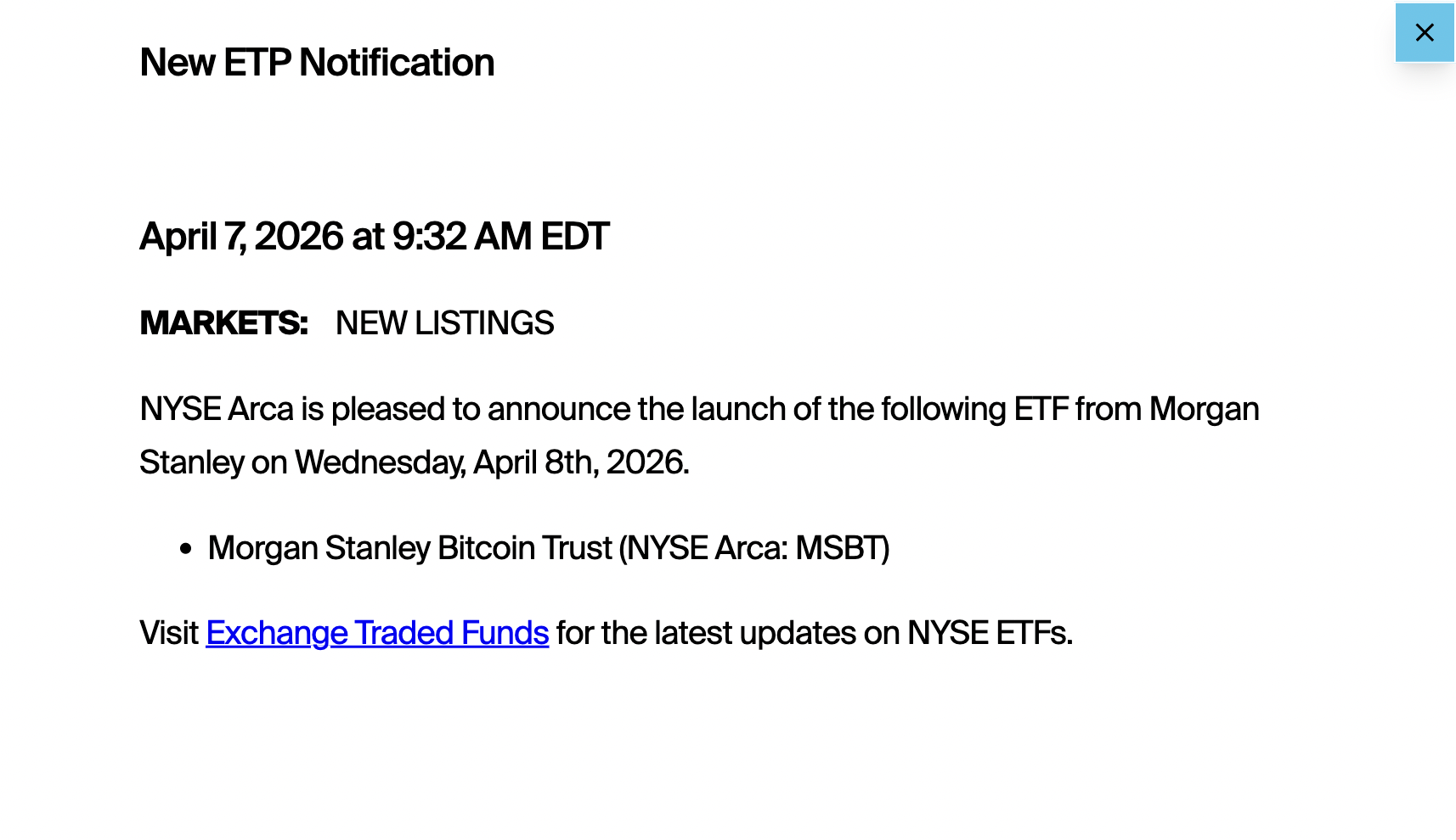 NYSE Arca’s listing notice for MSBT’s launch. Source: NYSE
