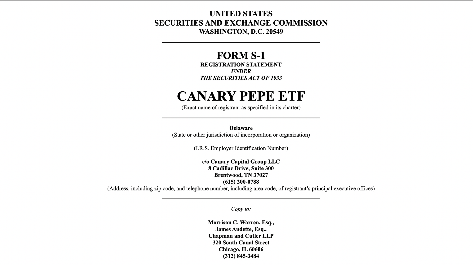 Canary PEPE ETF filing