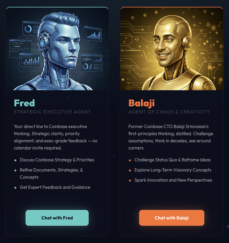 Fred and Balaji AI agents. Source: Coinbase