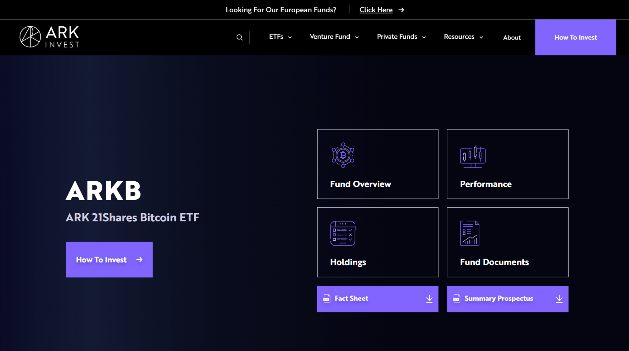 ARK 21Shares Bitcoin ETF digital investing page