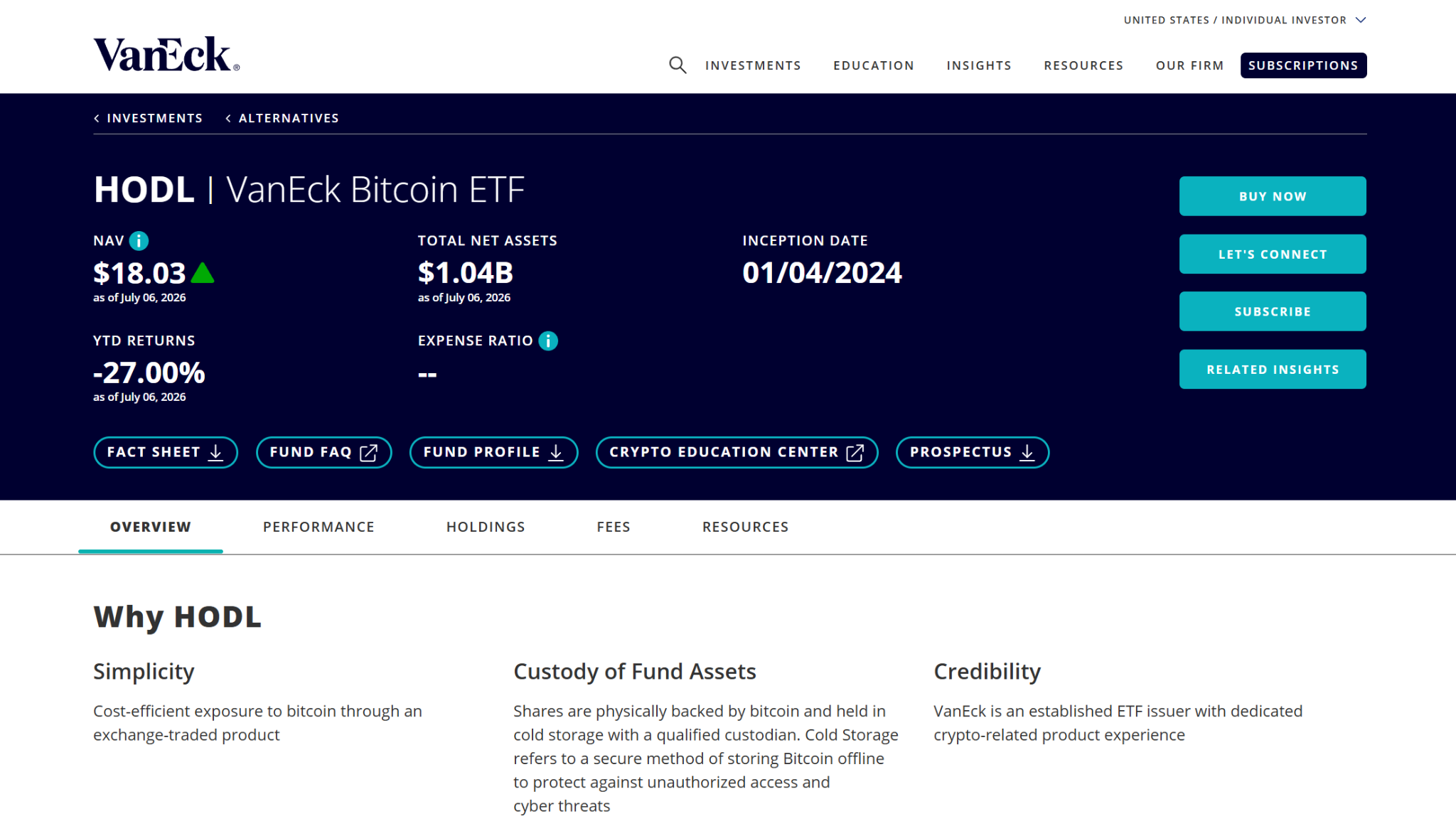 VanEck Bitcoin ETF digital investing page