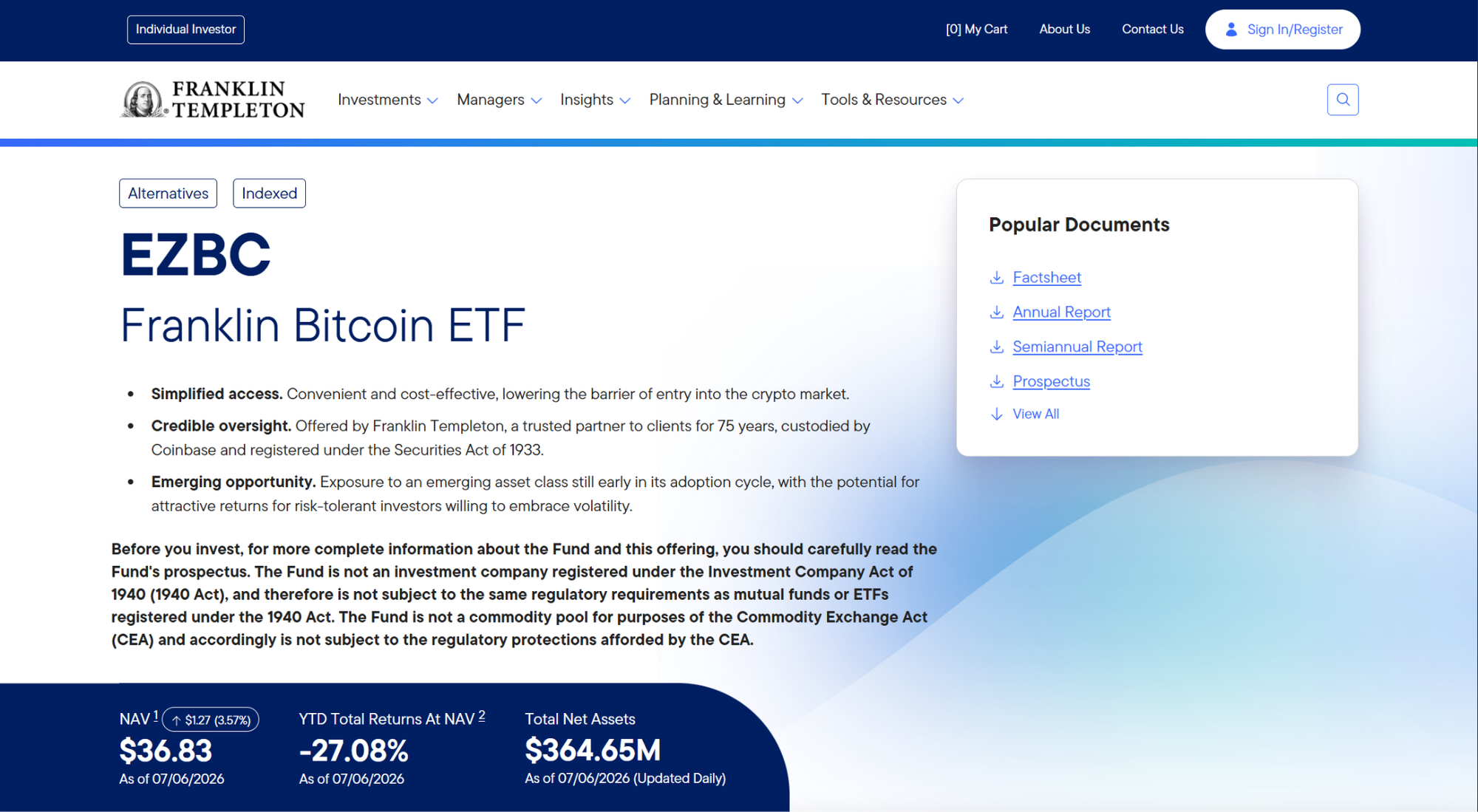 Franklin Bitcoin ETF digital investing page