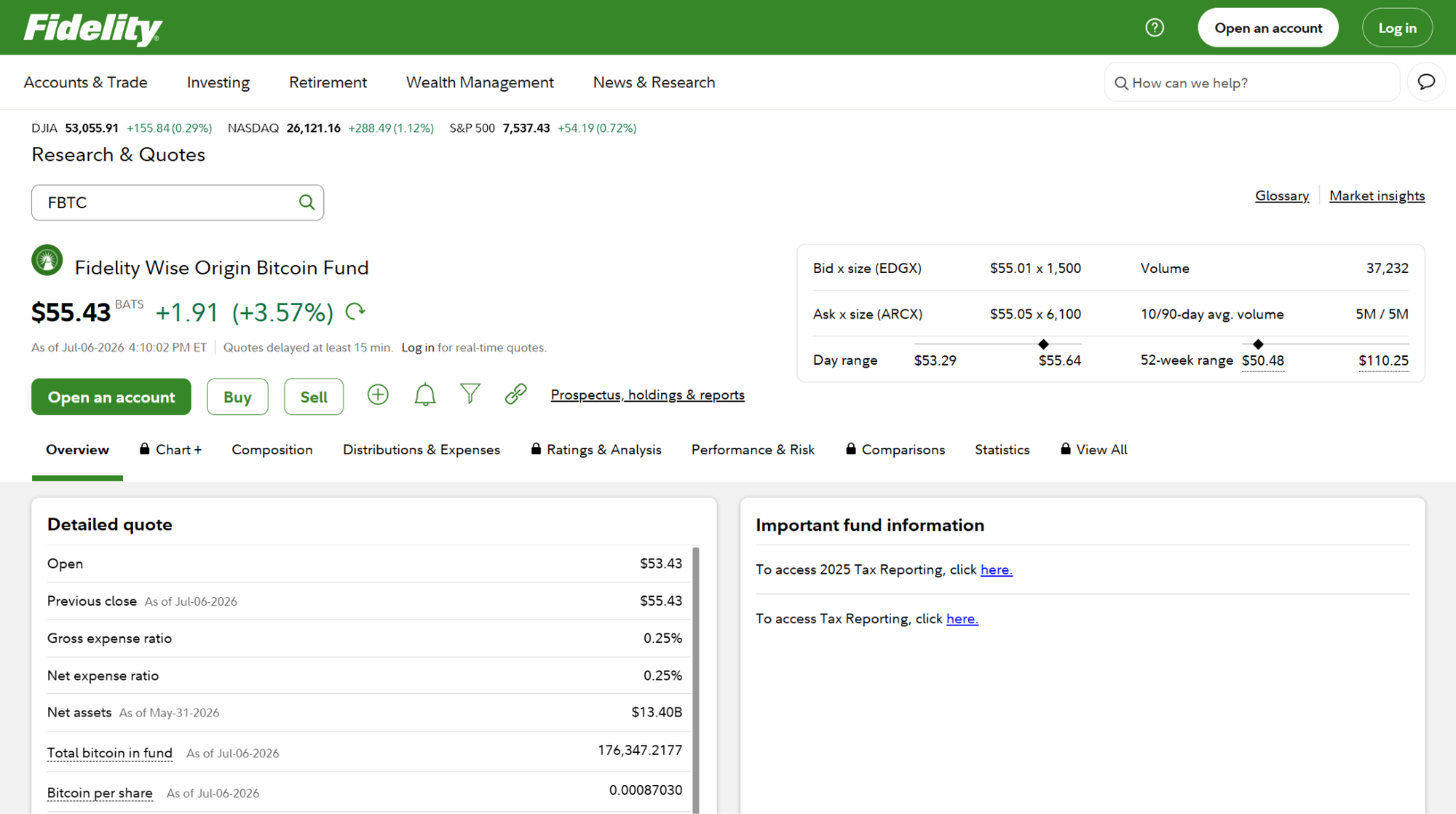 Fidelity dashboard interface