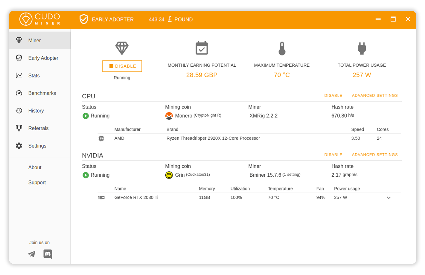 Cudo Miner mining page