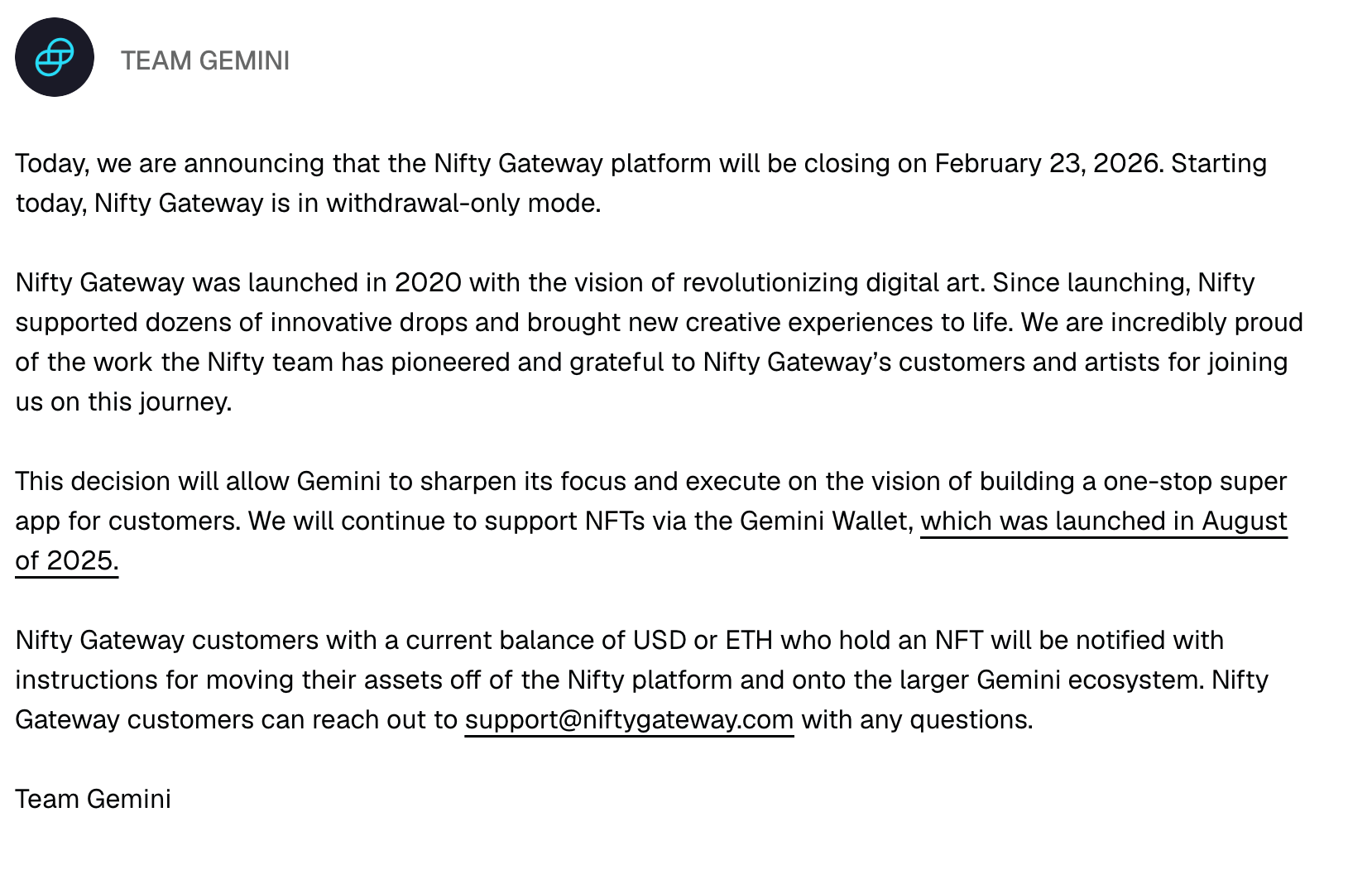 Gemini’s closure announcement